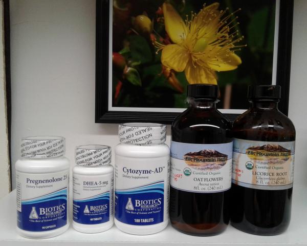 Image of adrenal supplements, pregnenolone, dhea, glandular, licorice and oats.