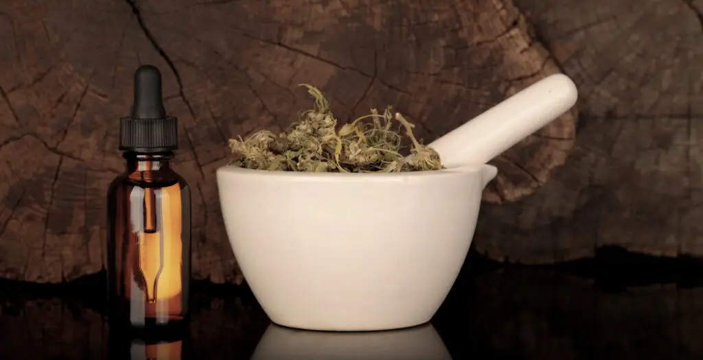 Apothecary bottle and mortar with dried herbs on wooden background