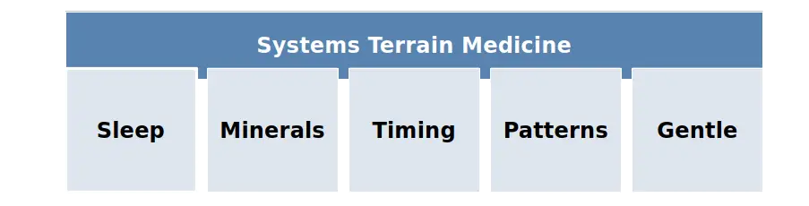 Systems Terrain Medicine framework showing sleep, minerals, timing, patterns, and gentle care