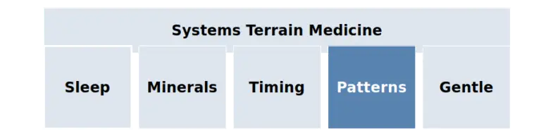 Systems Terrain Medicine framework showing sleep, minerals, timing, patterns, and gentle care