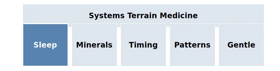 Systems Terrain Medicine framework showing sleep, minerals, timing, patterns, and gentle care