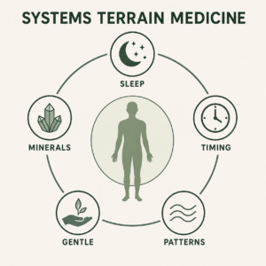 Systems Terrain Medicine diagram showing a human figure surrounded by interconnected factors including sleep, timing, patterns, minerals, and gentle support, representing a holistic and pattern-based approach to health.