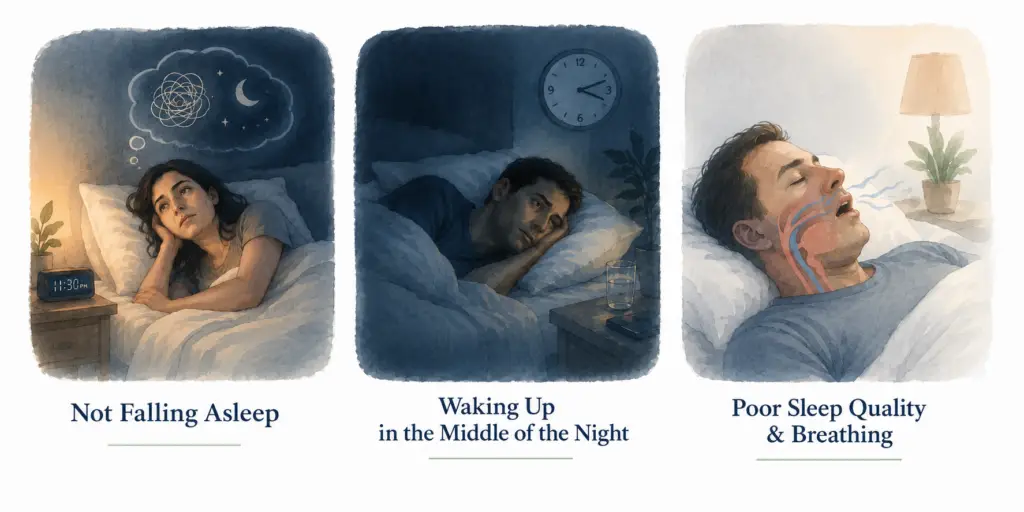 Illustration showing different chronic insomnia patterns including difficulty falling asleep, waking during the night, and poor sleep quality with breathing-related sleep disruption.