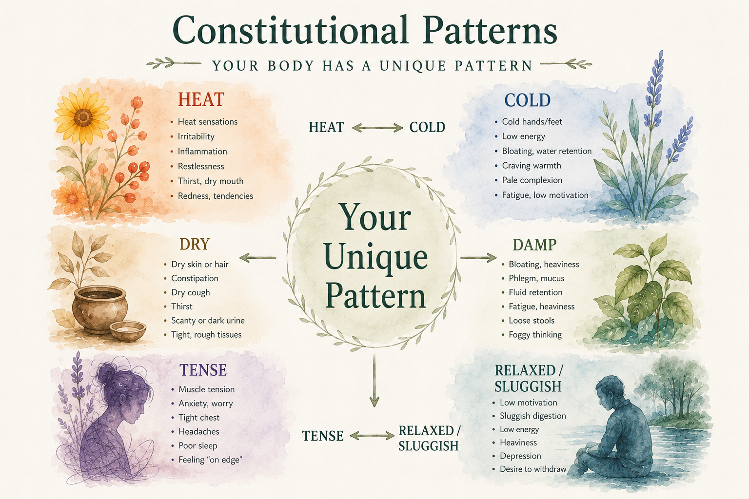 Watercolor infographic showing constitutional patterns in herbal medicine including heat, cold, dry, damp, tense, and sluggish body patterns surrounding a central “Your Unique Pattern” diagram.