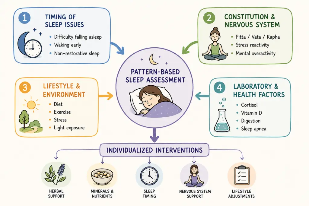 Watercolor-style infographic showing a pattern-based naturopathic assessment for chronic insomnia. Different factors including sleep timing, nervous system tendencies, lifestyle, stress, environment, and laboratory testing are evaluated together to create an individualized sleep support plan.