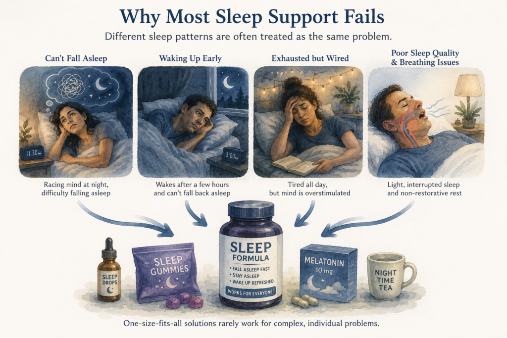 Watercolor-style infographic showing different types of sleep problems all being treated with the same generic sleep supplements and routines. The illustration compares individualized sleep patterns with one-size-fits-all sleep advice.