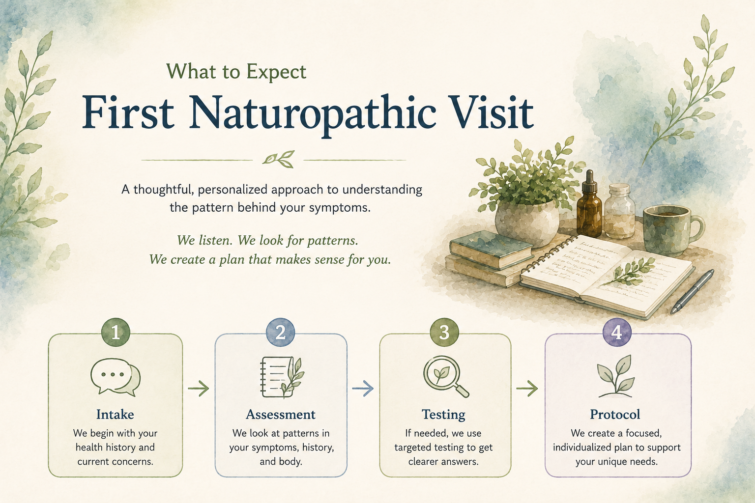 Watercolor-style infographic explaining what to expect during a first naturopathic visit, including intake, assessment, testing, and personalized treatment planning.