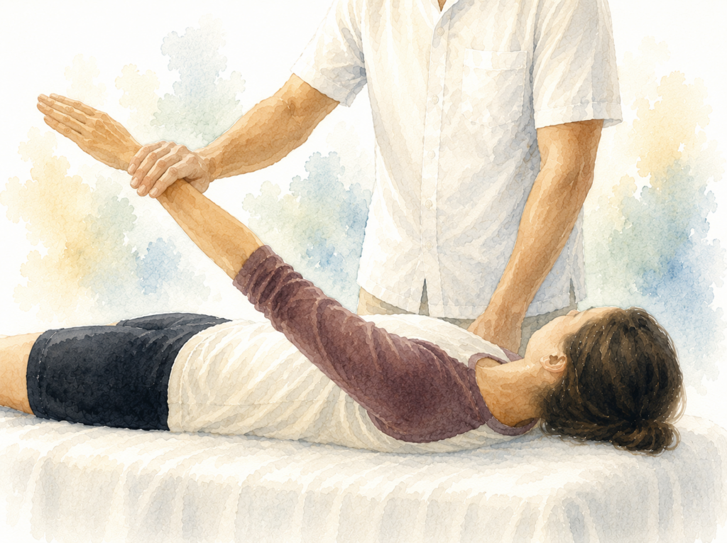 Applied kinesiology muscle testing demonstration with practitioner gently testing a patient’s raised arm while she lies on a treatment table.