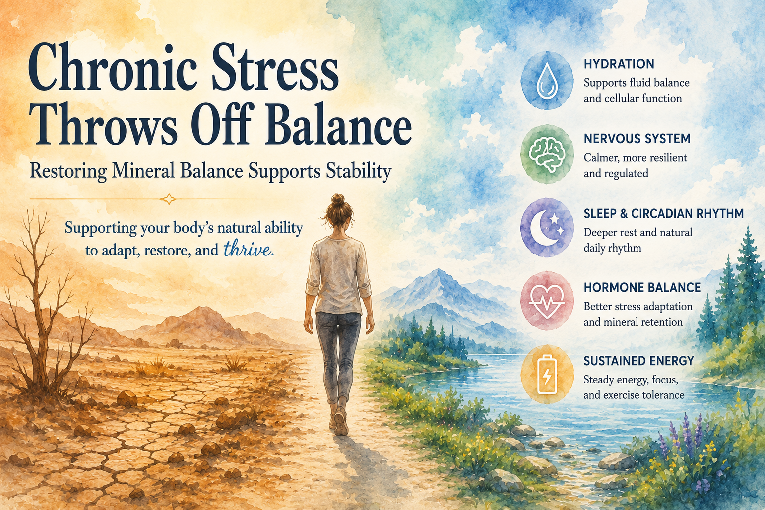 “Watercolor illustration showing chronic stress affecting mineral balance, hydration, sleep, nervous system regulation, and energy stability.”