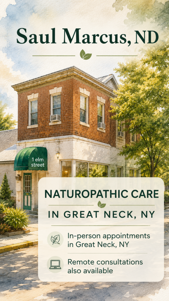 1 Elm Street in Great Neck, NY with text promoting naturopathic care and remote consultations.