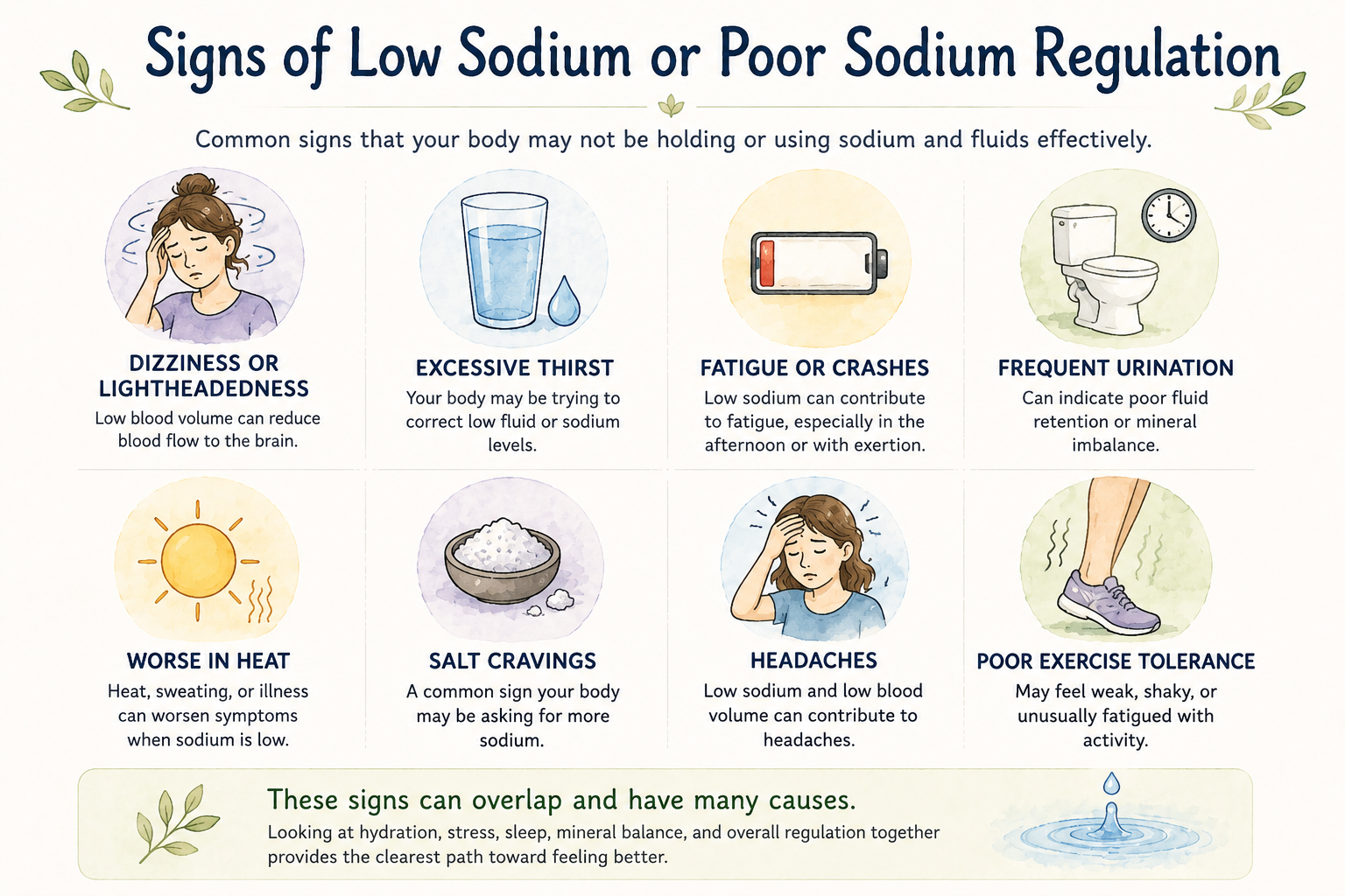 Infographic showing common signs of low sodium or poor sodium regulation, including dizziness, thirst, fatigue, frequent urination, salt cravings, headaches, and poor exercise tolerance.