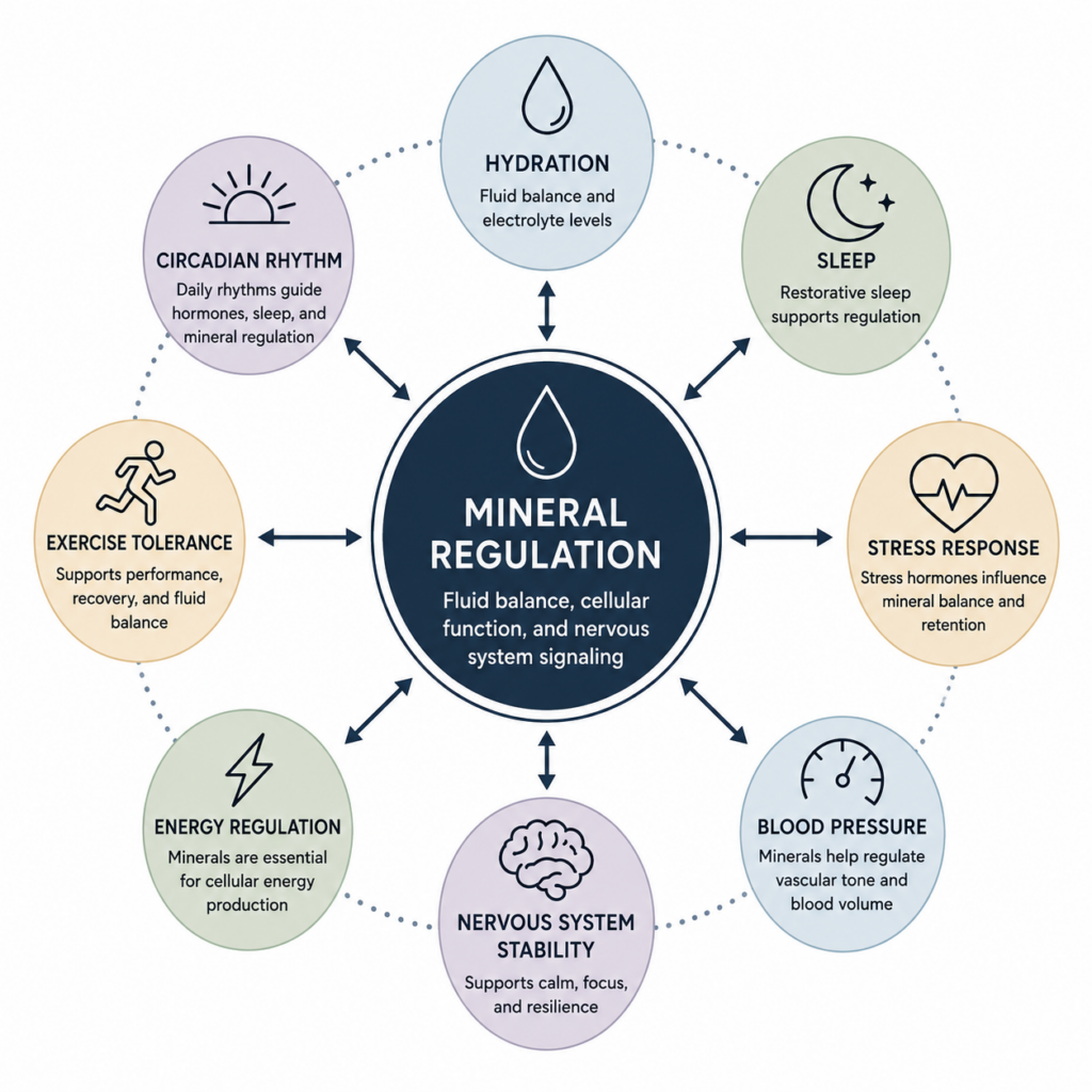 “Infographic showing how mineral regulation affects hydration, sleep, stress response, blood pressure, energy, circadian rhythm, exercise tolerance, and nervous system stability.”