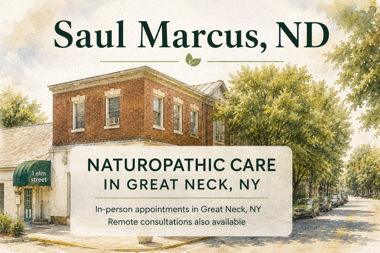 Watercolor-style hero image for Saul Marcus, ND featuring a brick building at 1 Elm Street in Great Neck, NY with text promoting naturopathic care and remote consultations.