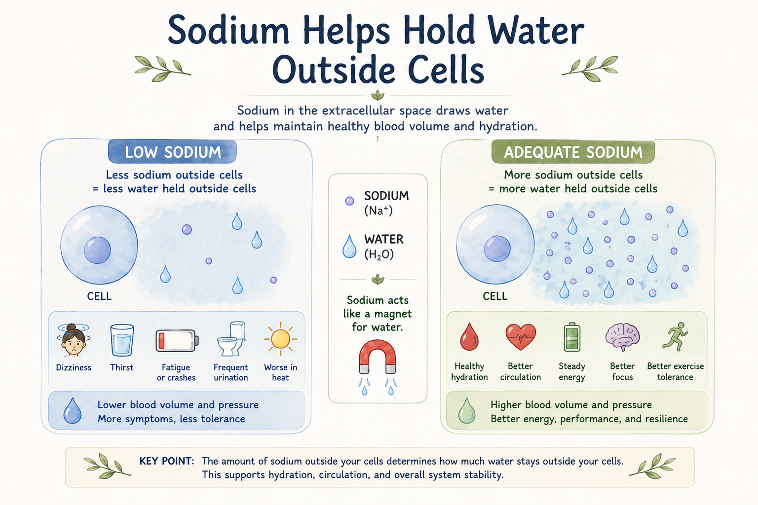 Infographic showing how sodium helps retain water outside cells and supports hydration, blood volume, circulation, and energy.