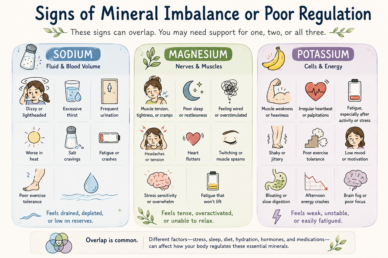 Infographic comparing common signs of sodium, magnesium, and potassium imbalance or poor mineral regulation.