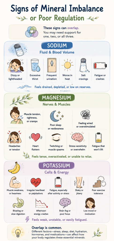 Mobile infographic comparing symptoms associated with sodium, magnesium, and potassium dysregulation.