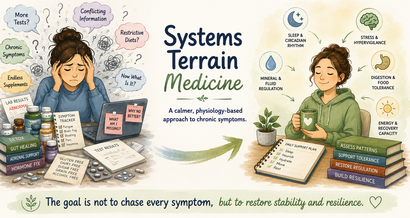 Illustrated infographic for Systems Terrain Medicine showing an overwhelmed woman surrounded by supplements, restrictive diets, symptom tracking, and conflicting health information on the left, contrasted with the same woman calm and regulated on the right, focusing on sleep, digestion, stress regulation, hydration, and recovery. The central message reads: “A calmer, physiology-based approach to chronic symptoms.”