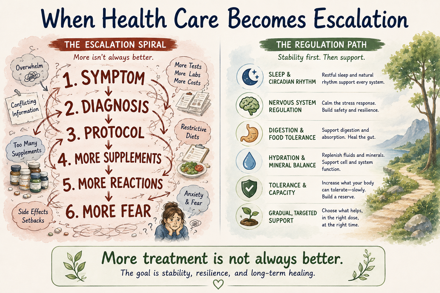 Infographic titled “When Health Care Becomes Escalation” comparing an escalating cycle of chronic illness treatment with a calmer regulation-focused approach. The left side shows a chaotic spiral of symptoms, diagnoses, protocols, supplements, reactions, and fear, while the right side emphasizes sleep, nervous system regulation, digestion, hydration, tolerance, and gradual support.