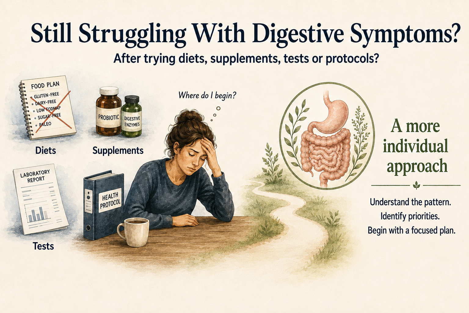 Woman overwhelmed by diets, supplements, testing and digestive protocols, with a path toward a more individualized approach.