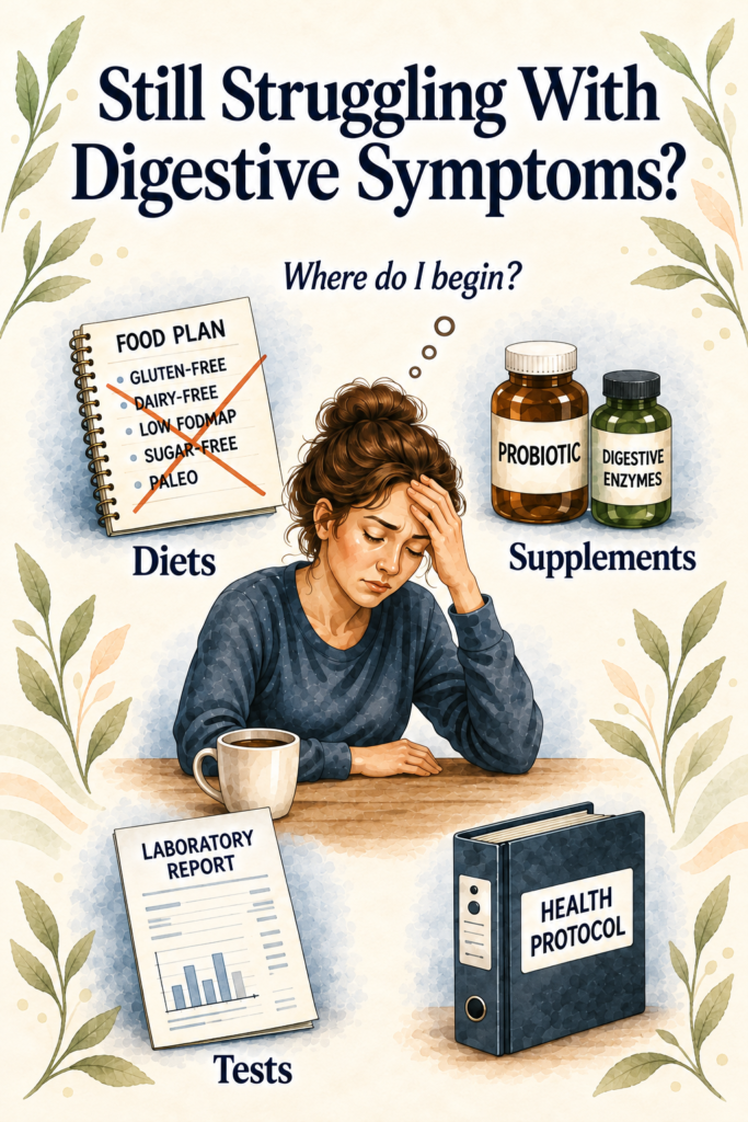 Illustration of a woman wondering where to begin, surrounded by restrictive diet plans, supplements, test results, and a health protocol.