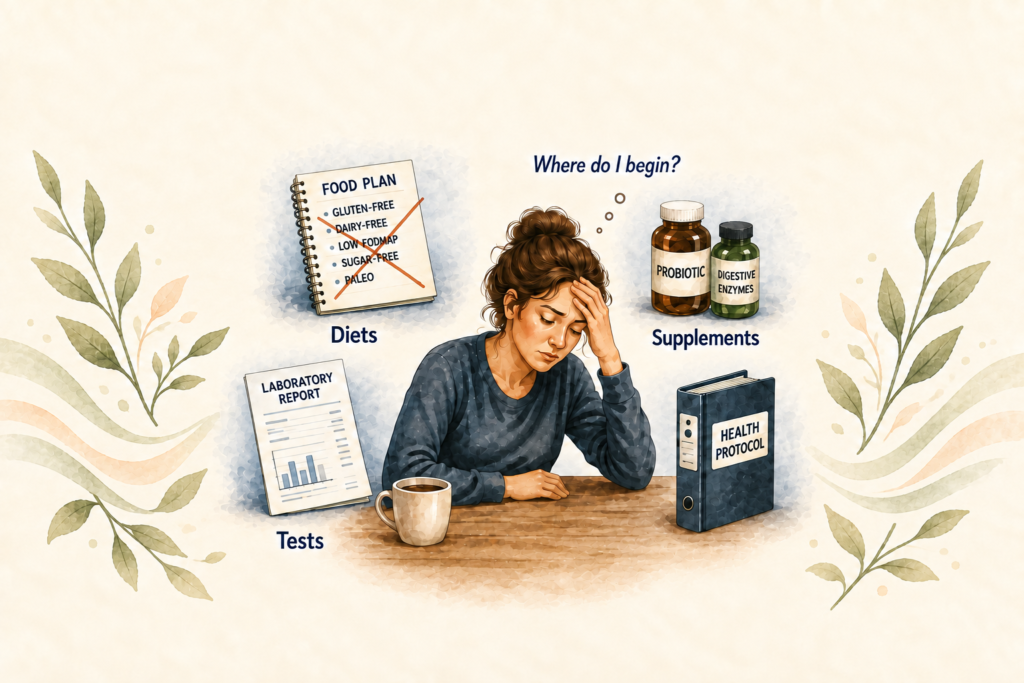 Woman overwhelmed by diets, supplements, testing and digestive protocols, with a path toward a more individualized approach.