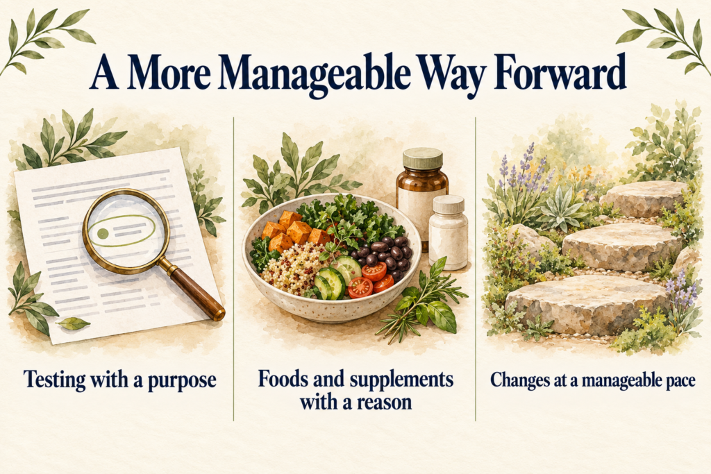 Infographic titled “A More Manageable Way Forward” presents three principles: testing with a purpose, using foods and supplements for a reason, and making changes at a manageable pace.